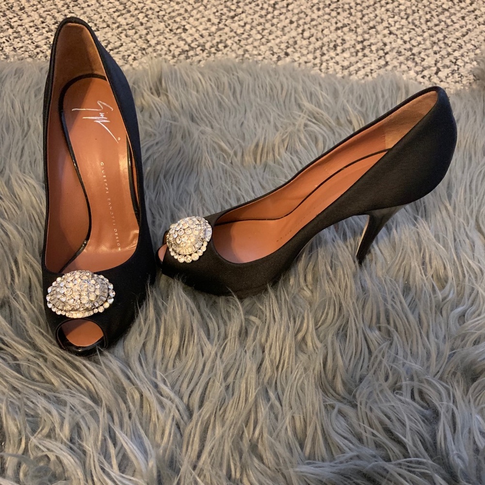 Giuseppe Zanotti black satin and crystal heels